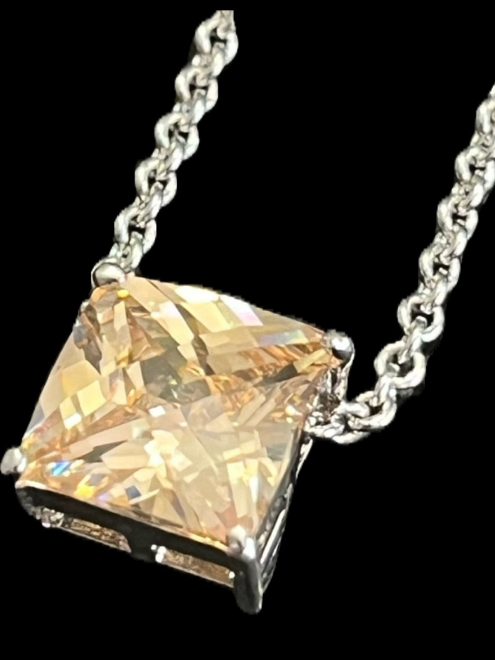 champagne CZ princess cut Solitaire necklace ladies jewelry silver link chain